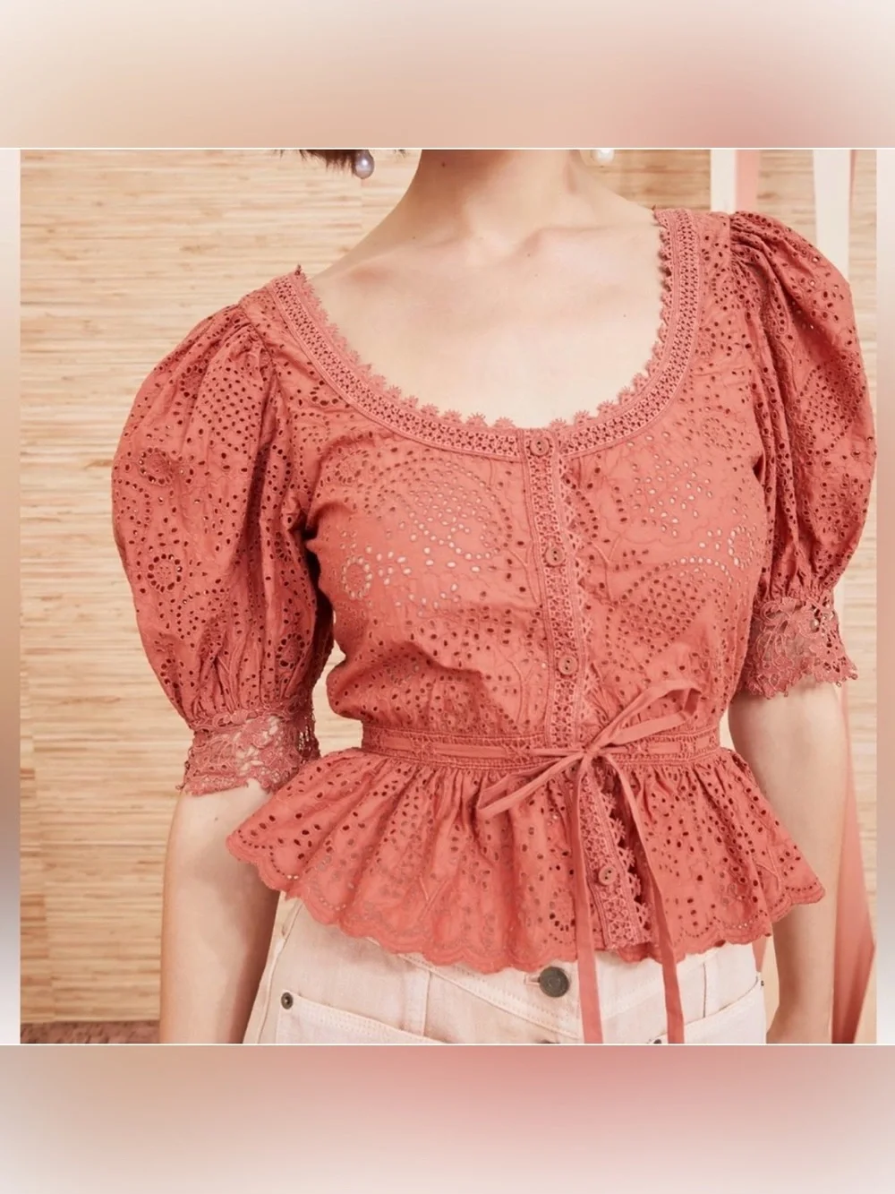 Ulla Johnson size 4 Suri Blouse Eyelet Rust Puff Sleeve Embroidered